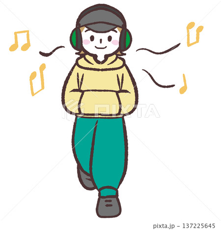 ヘッドフォンをつけて歩く人のイラスト 137225645