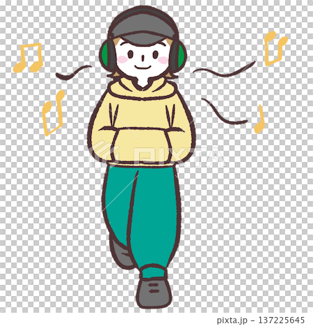 ヘッドフォンをつけて歩く人のイラスト 137225645