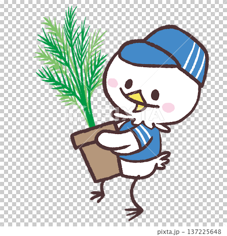 Illustration of a white bird dressed as a worker carrying a potted plant Illustration of a white bird dressed as a worker carrying a potted plant 137225648