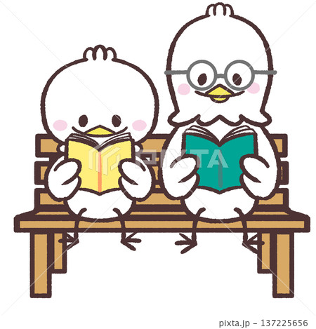 木のベンチで並んで本を読む白い鳥たちのイラスト 137225656