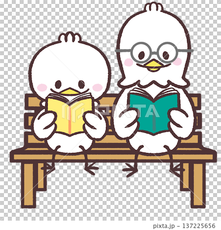 木のベンチで並んで本を読む白い鳥たちのイラスト 137225656