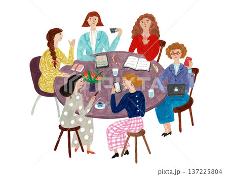 デジタルデバイスを活用して意見交換する女性チームの会議イラスト 137225804