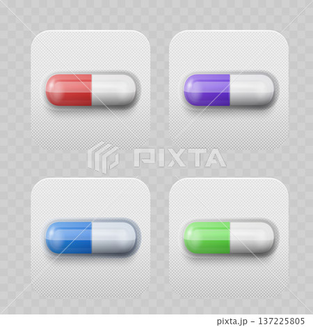 Realistic Medical Capsule Blister Pack Set. Vector Realistic Medical Capsule Blister Pack Set. Vector 137225805