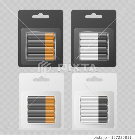 Realistic Battery Blister Pack Mockup Set. Vector AA or AAA Alkaline Power Cells in Black and White Packaging. Realistic Battery Blister Pack Mockup Set. Vector AA or AAA Alkaline Power Cells in Black and White Packaging. 137225811