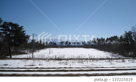 青空と雪山と残雪の畑 青空と雪山と残雪の畑 137225819