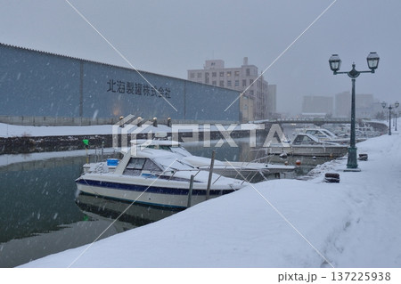 雪が降る真冬の小樽北運河（北海道小樽市） 137225938