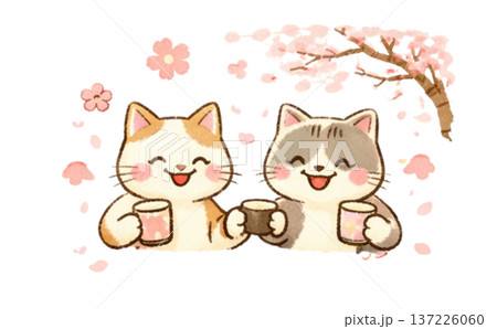桜の木の下でお花見しているかわいい猫たち 137226060