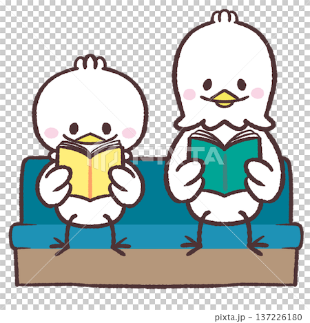 一幅插圖，描繪了兩隻白鳥並排坐在沙發上看書。 137226180