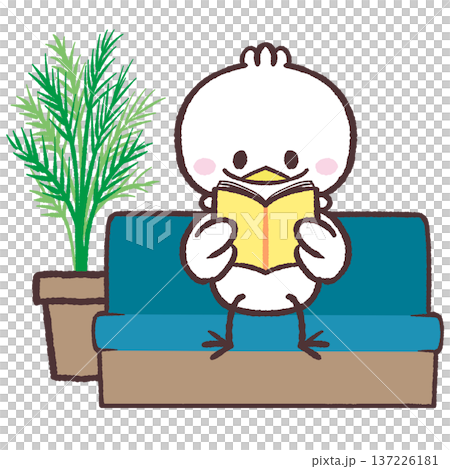 ソファーに座って本を読む白い鳥のイラスト 137226181