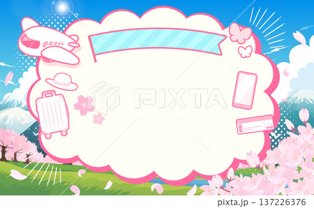 桜と春の景色と飛行機のもこもこフレーム1_横 137226376