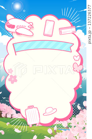 桜と春の景色と飛行機のもこもこフレーム1_縦 137226377