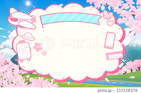 桜と春の景色と飛行機のもこもこフレーム2_横 137226378