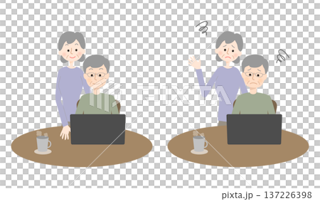 Set of facial expressions of senior couple using a computer Set of facial expressions of senior couple using a computer 137226398