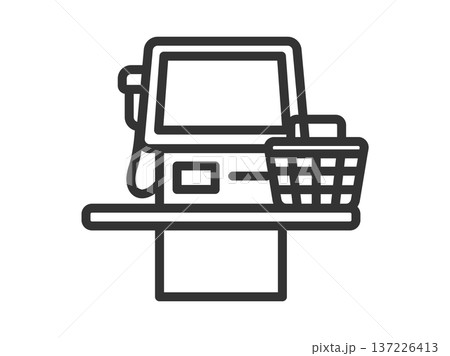 セルフレジと買い物かごのアイコン(線画)のイラスト セルフレジと買い物かごのアイコン(線画)のイラスト 137226413