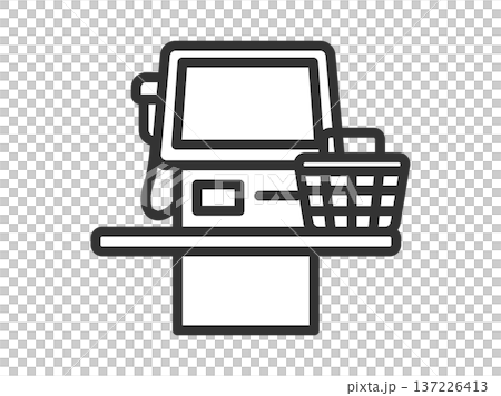 セルフレジと買い物かごのアイコン(線画)のイラスト セルフレジと買い物かごのアイコン(線画)のイラスト 137226413