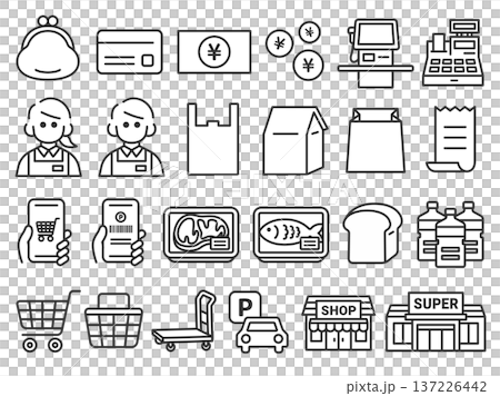 一套與超市相關的各種圖示（線圖） 137226442