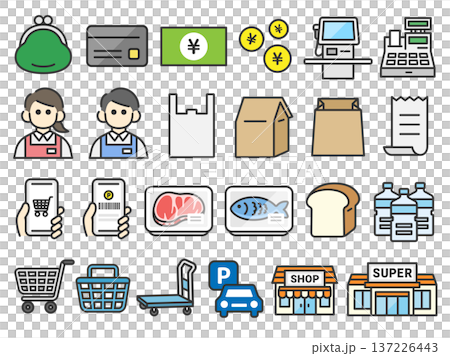 A set of various supermarket-related icons (colored line drawings) 137226443