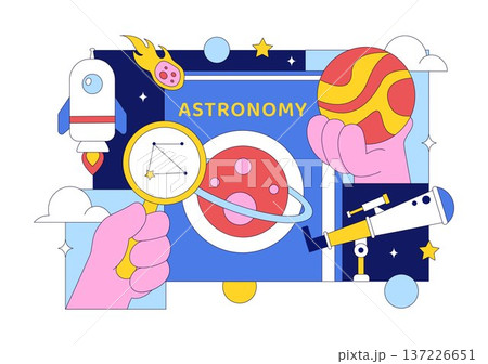 Astronomy Vector Illustration Featuring People Observing a Starry Night Sky with Galaxies and Planets in Outer Space Through Telescopes 137226651