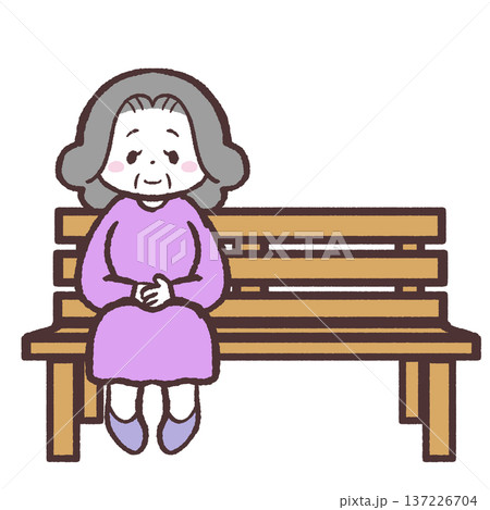 木のベンチに座って微笑むシニア女性のイラスト 137226704
