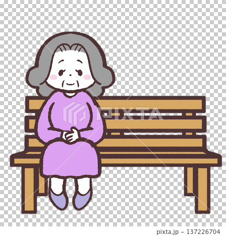 木のベンチに座って微笑むシニア女性のイラスト 137226704