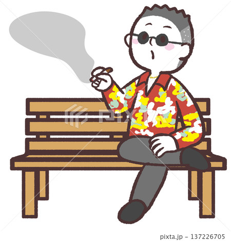 木のベンチに座って喫煙する派手なシャツの男性のイラスト 137226705