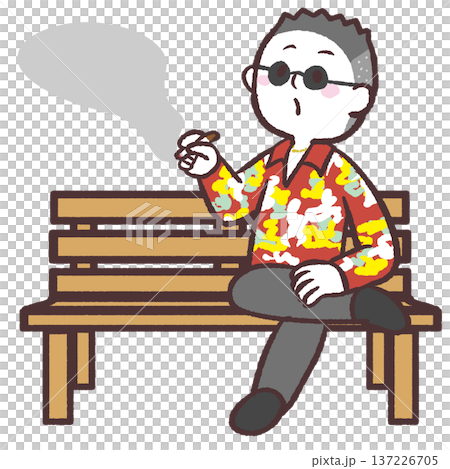 木のベンチに座って喫煙する派手なシャツの男性のイラスト 137226705