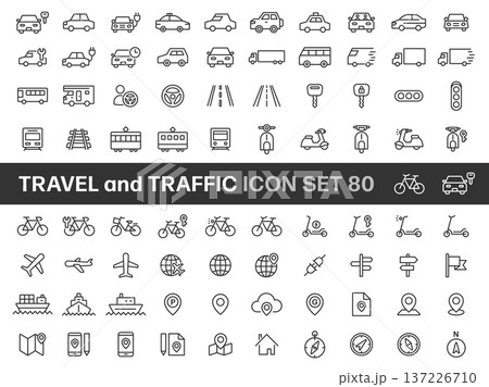 乗り物と交通・旅行の線画アイコンセット（80種類） 137226710