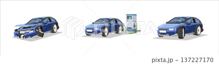 Separate layer group of three forms of luxury cross over hatchback car blue color. One for damage. Two electric cars. And three normal luxury car. On isolated white background. Separate layer group of three forms of luxury cross over hatchback car blue color. One for damage. Two electric cars. And three normal luxury car. On isolated white background. 137227170