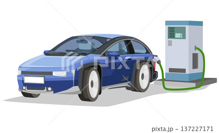 Separate layer of Electric vehicles luxury car blue color. Charging station comes with a cable and charging head that connects to the rear of the car. Show inside car. On isolated white background. 137227171