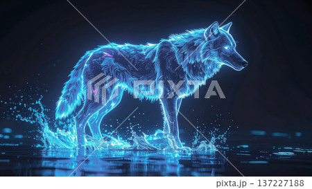 青く光る狼の立体的で幻想的なエフェクト、黒い背景 137227188
