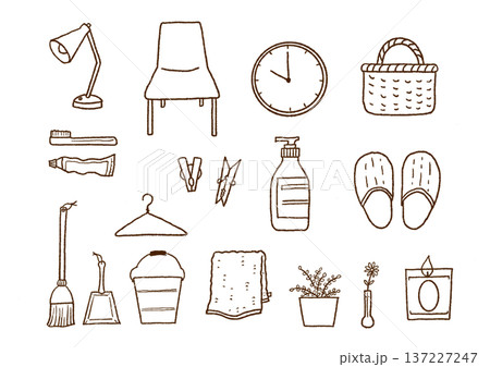 手描きインテリア雑貨　線画イラストセット 137227247