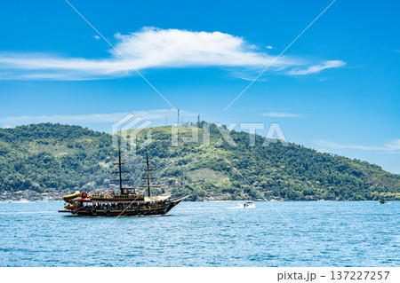 Wooden tourist boat sailing in front of rainforest covered coastline in Brazil 137227257