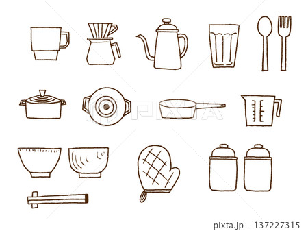 手描きキッチン雑貨　線画イラストセット（背景透過） 137227315