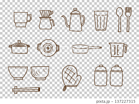 手描きキッチン雑貨　線画イラストセット（背景透過） 137227315