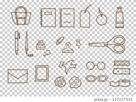 手描き文房具　線画イラストセット（背景透過） 137227335