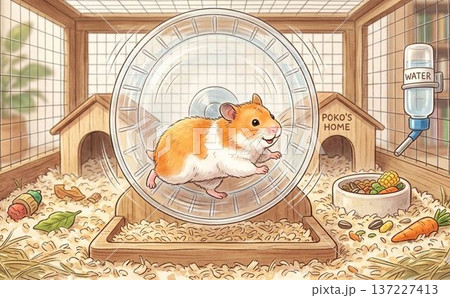 ケージの中で回し車で走っているジャンガリアンハムスター 137227413