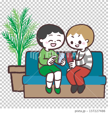 兒童坐在沙發上使用智慧型手機的插圖 137227486