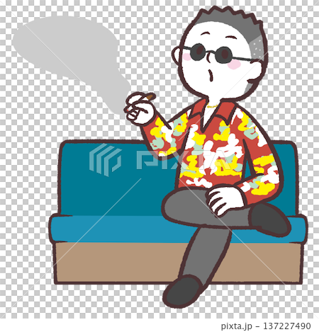 圖解：一名身穿花俏襯衫的男子坐在沙發上抽煙。 137227490