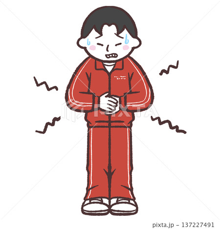 お腹をおさえる赤ジャージの男の子のイラスト お腹をおさえる赤ジャージの男の子のイラスト 137227491