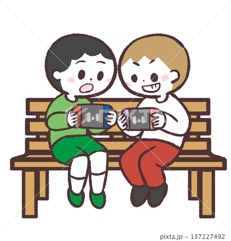 木のベンチに座って並んでゲームする子供達のイラスト 137227492
