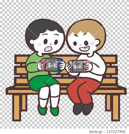 木のベンチに座って並んでゲームする子供達のイラスト 137227492