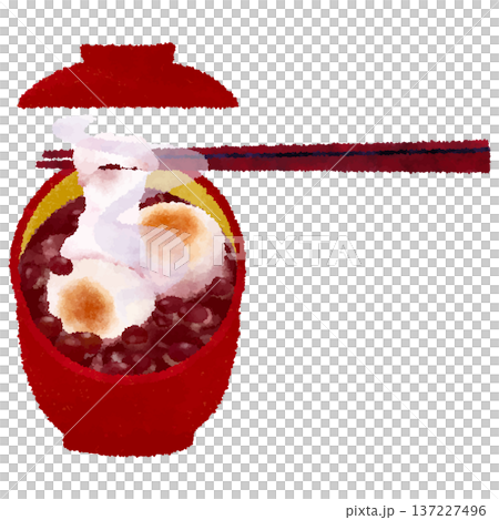 Steaming round rice cake sweet soup with plenty of stretch, red bowl with lid, watercolor touch Steaming round rice cake sweet soup with plenty of stretch, red bowl with lid, watercolor touch 137227496