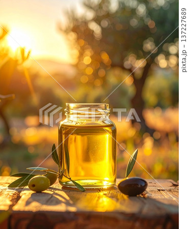 中央に配置された小さな透明なガラス瓶に入ったオリーブオイル 137227689