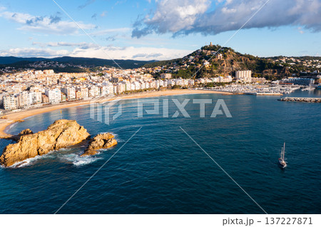 Drone view of Blanes overlooking Sa Palomera Rock and San Juan castle hill Drone view of Blanes overlooking Sa Palomera Rock and San Juan castle hill 137227871