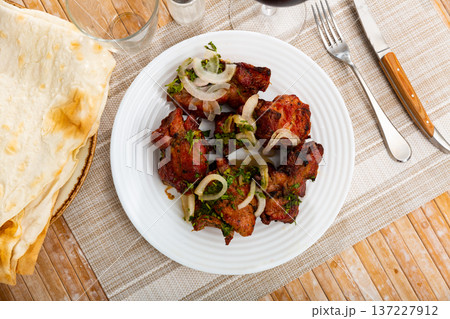 Pork shashlik with lavash and onion 137227912