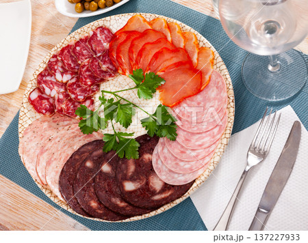 Appetizer of various types of Spanish sausages Appetizer of various types of Spanish sausages 137227933