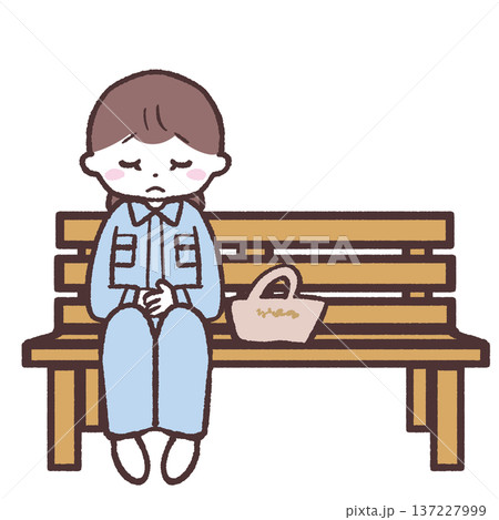 木のベンチに座ってうつむく作業着の女性のイラスト 137227999