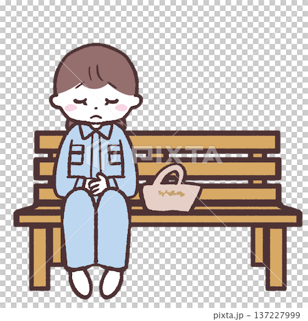 木のベンチに座ってうつむく作業着の女性のイラスト 137227999
