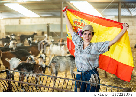 Cheerful young Latin woman tourist holding flag of Spain and smiling at camera at goat barn shed cattle farm Cheerful young Latin woman tourist holding flag of Spain and smiling at camera at goat barn shed cattle farm 137228378