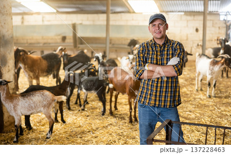 Hired livestock farm worker cleans up goat pen 137228463